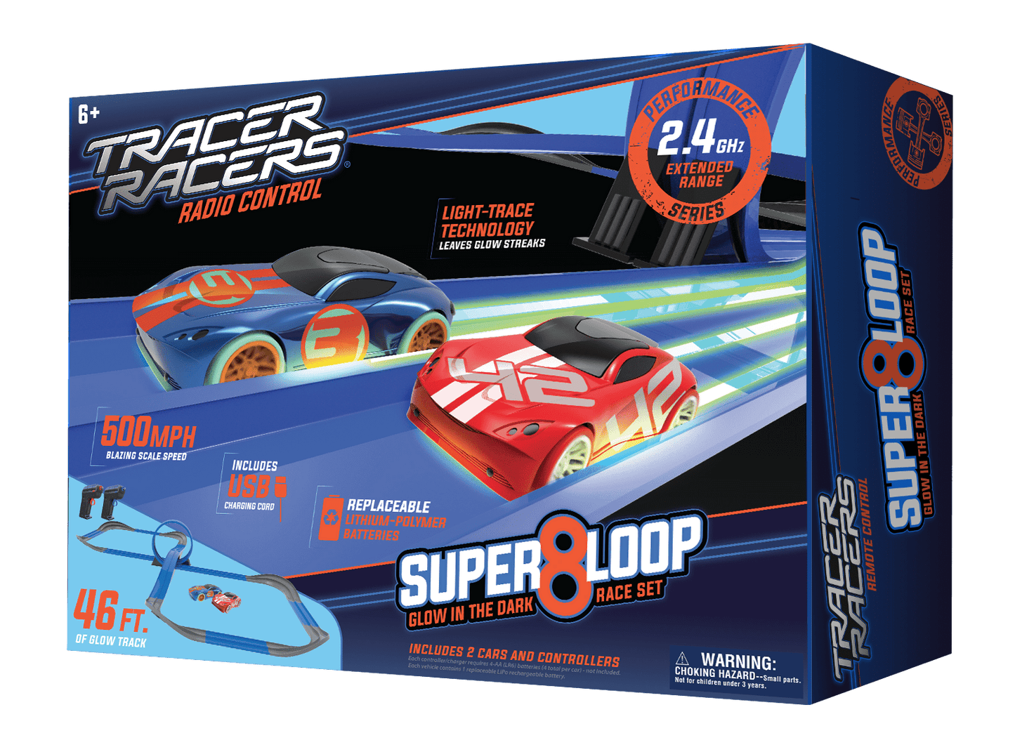 Tracer Racers Super 8 Loop glow-in-the-dark RC race set with two light-up cars, 46 feet of track, and radio controls