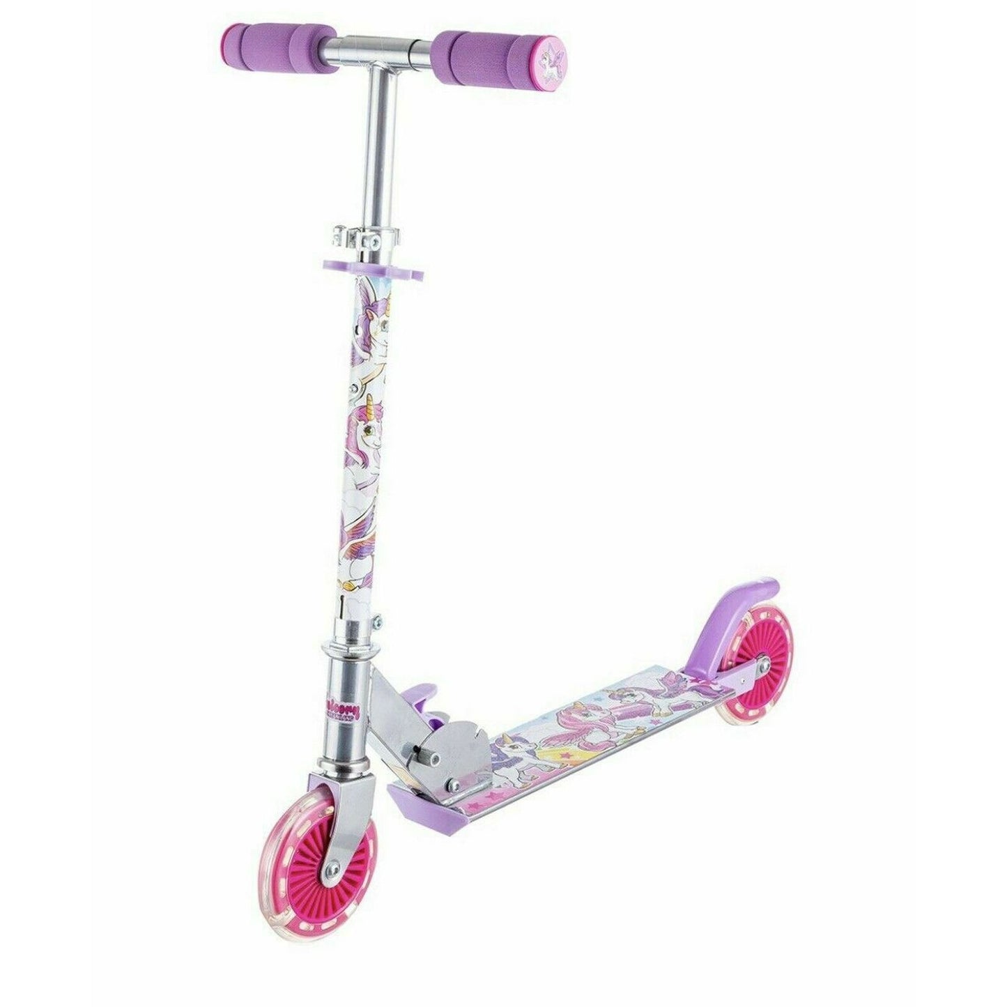 Purple and pink unicorn-themed scooter with light-up wheels, silver T-bar handlebar with purple grips, and decorated deck on plain background