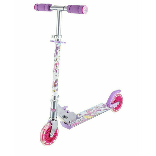Purple and pink unicorn-themed scooter with light-up wheels, silver T-bar handlebar with purple grips, and decorated deck on plain background