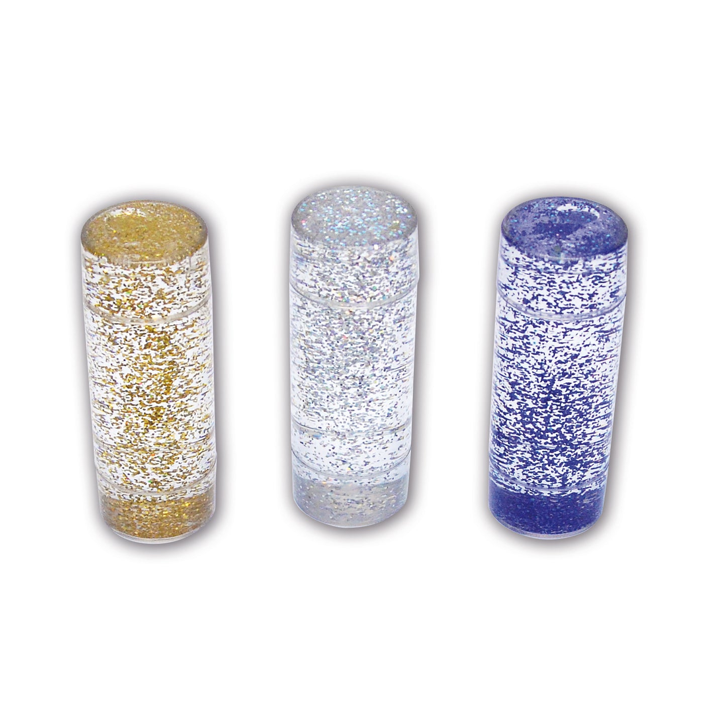 Three cylindrical glitter tubes in gold, silver, and blue with swirling glitter suspended in clear liquid