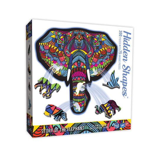 Hidden Shapes Elephant Jigsaw Puzzle box showing a colorful patterned elephant head with decorative trunk and feet pieces, 300 pieces