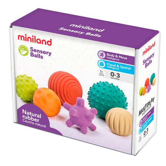Miniland Sensory Balls set of 6 with different textures and colors including yellow bumpy, orange smooth, red ridged, purple bumpy, teal spiky, and natural wood