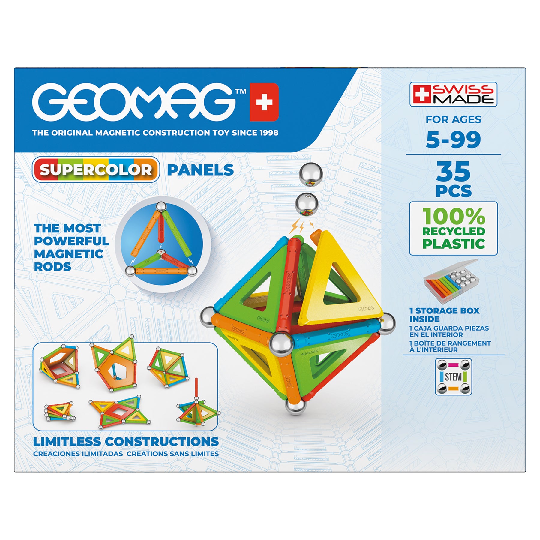 Geomag Supercolor Panels magnetic construction set with 35 colorful recycled plastic pieces, featuring magnetic rods and panels in red, yellow, green, blue, and