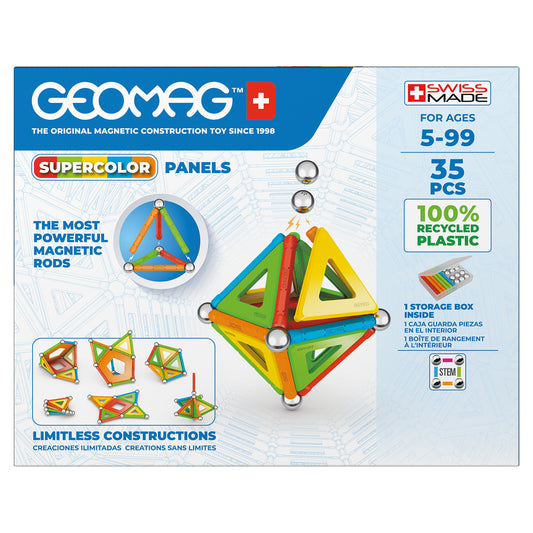 Geomag Supercolor Panels magnetic construction set with 35 colorful recycled plastic pieces, featuring magnetic rods and panels in red, yellow, green, blue, and