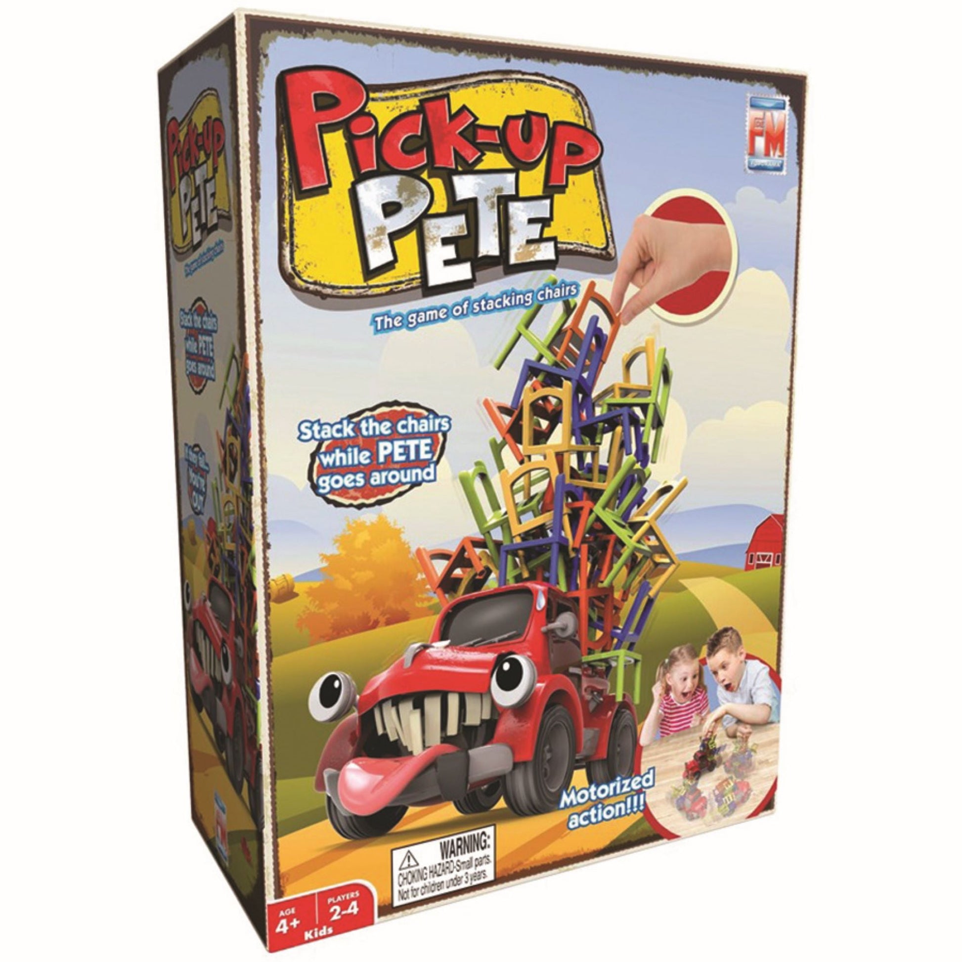Pick-Up Pete game box showing a red cartoon truck with motorized action stacking colorful chairs, modeled by children