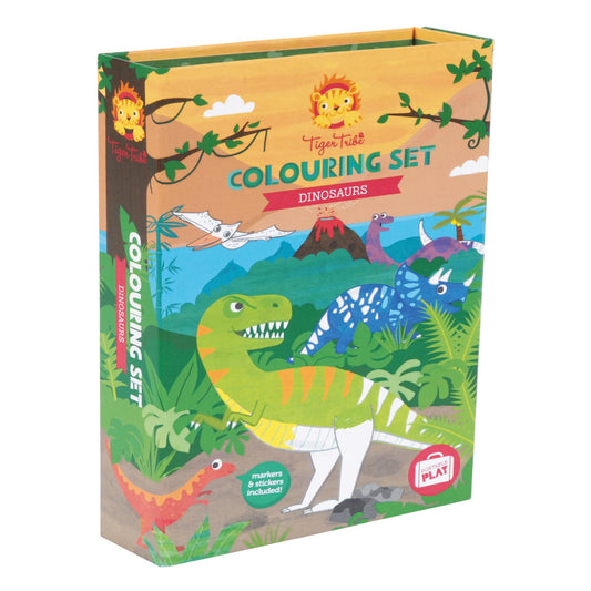 Tiger Tribe Dinosaurs Colouring Set box featuring illustrated dinosaurs in prehistoric landscape with volcano, markers and stickers included