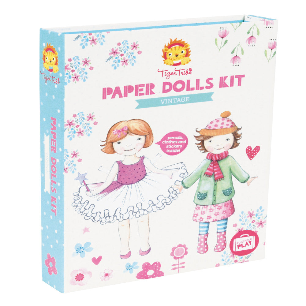 Tiger Tribe Paper Dolls Kit box featuring two illustrated paper dolls with flower and floral design elements, pencils, clothes and stickers included