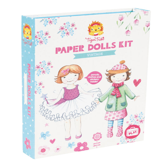 Tiger Tribe Paper Dolls Kit box featuring two illustrated paper dolls with flower and floral design elements, pencils, clothes and stickers included