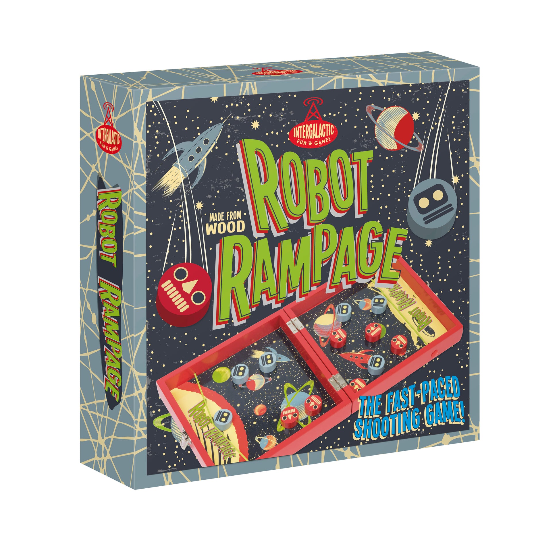 Robot Rampage box by Intergalactic Fun & Games, a fast-paced wooden shooting game with space theme, rocket and robot illustrations, red game tray with numbered