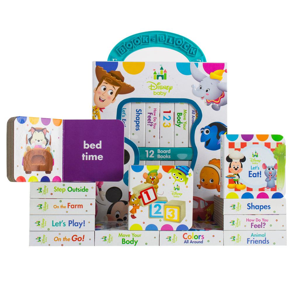 Disney Baby My First Library 12-Book Board Book Set with teal carrying handle, featuring Toy Story, Finding Nemo, and Mickey Mouse characters on colorful covers