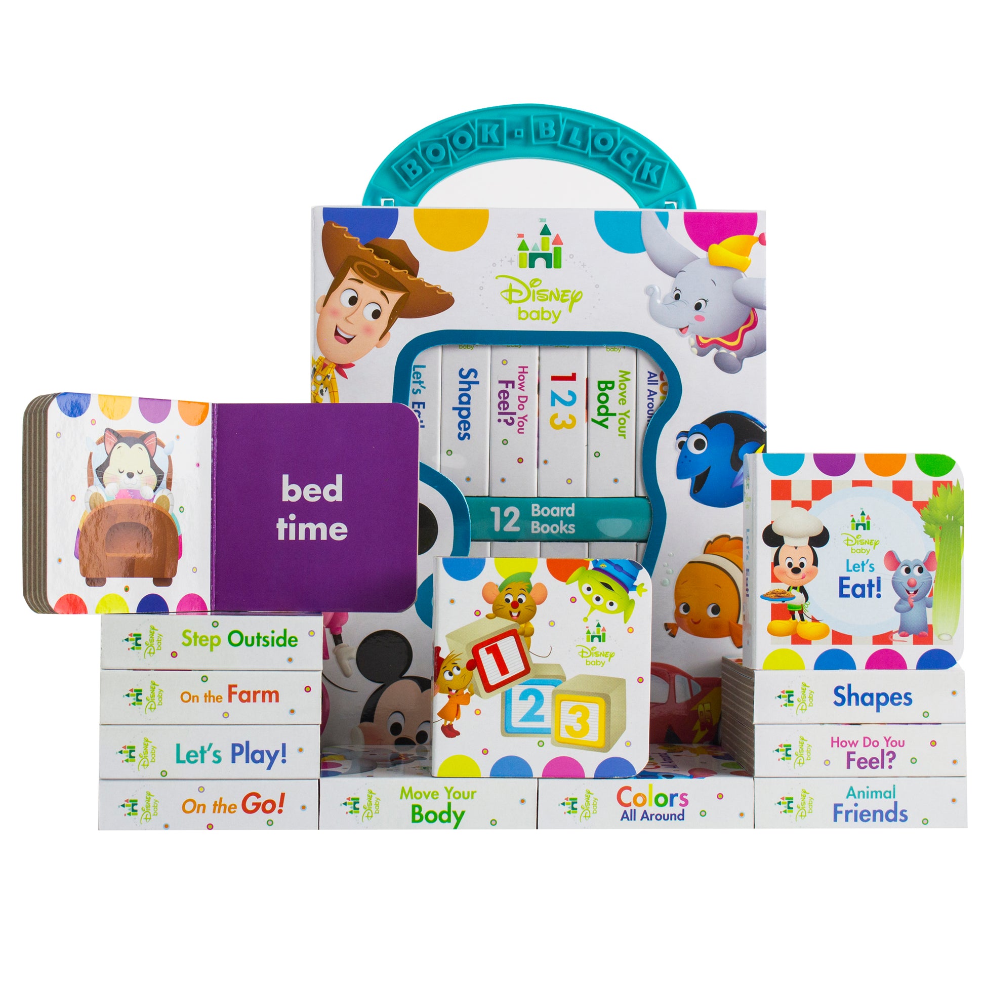 Disney Baby My First Library 12-Book Board Book Set with teal carrying handle, featuring Toy Story, Finding Nemo, and Mickey Mouse characters on colorful covers