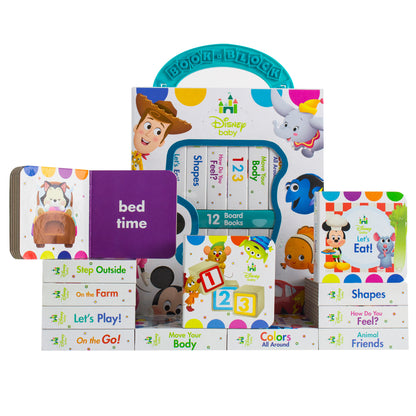 Disney Baby My First Library 12-Book Board Book Set with teal carrying handle, featuring Toy Story, Finding Nemo, and Mickey Mouse characters on colorful covers