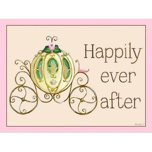 Happily ever after Regal Storybook Red Canvas Wall Art featuring an ornate golden pumpkin carriage with pink flower and green leaves on cream background with pi