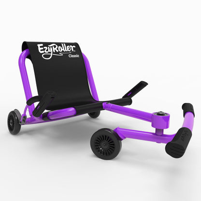 EzyRoller Classic ride-on scooter in purple and black with handles, seat, and three wheels on plain background