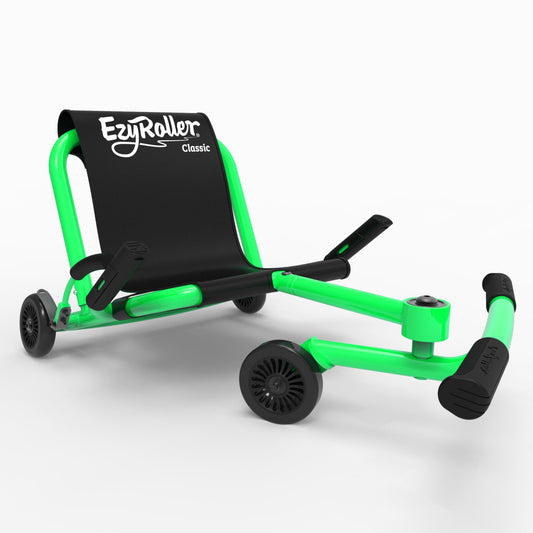 EzyRoller Classic ride-on scooter in bright green and black with three wheels and foot pedals, shown on white background