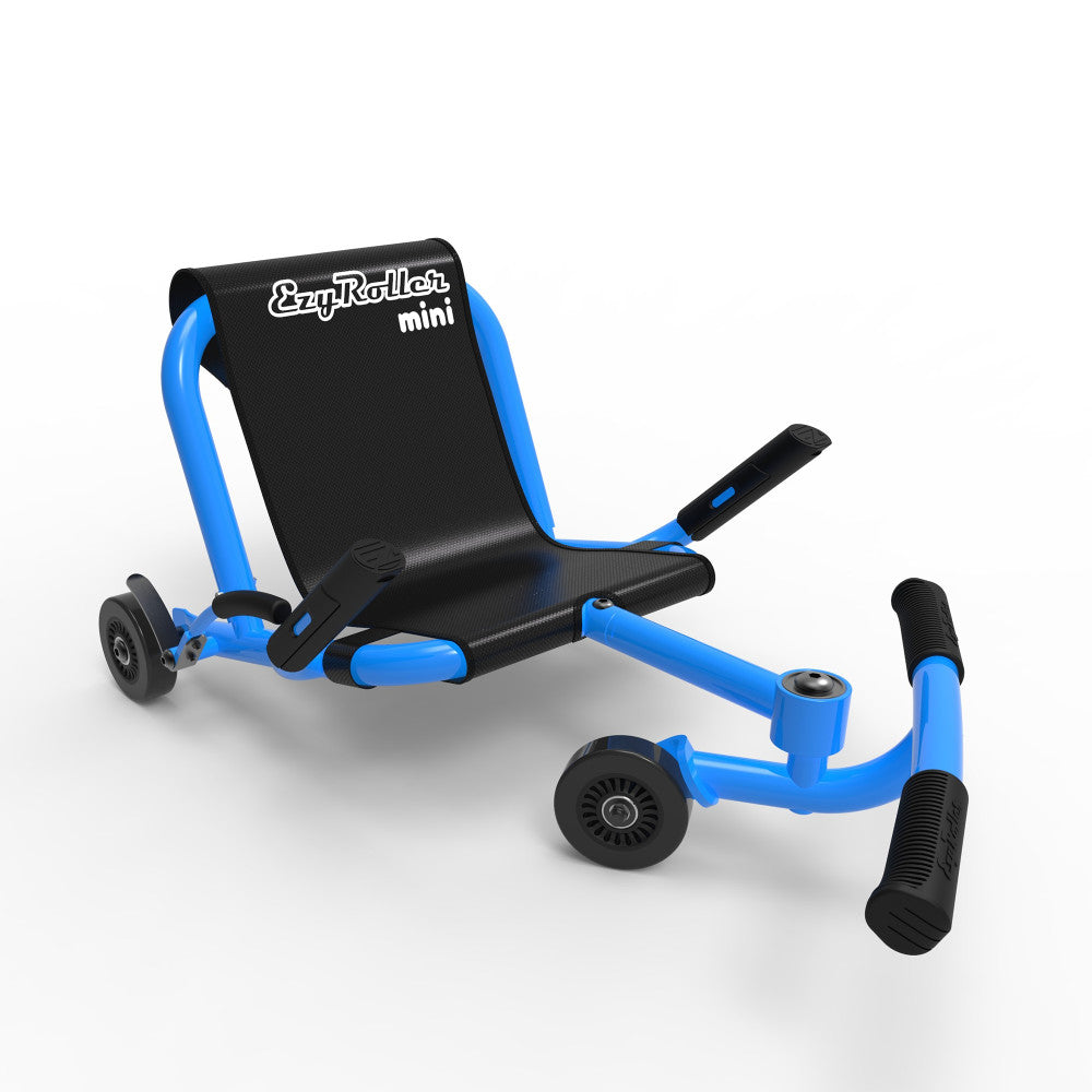 EzyRoller Mini blue and black ride-on scooter with extended footrest arms and black handlegrips, shown on plain background