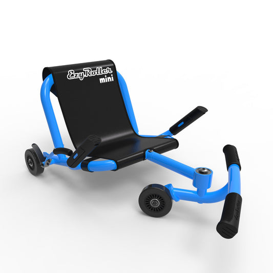 EzyRoller Mini blue and black ride-on scooter with extended footrest arms and black handlegrips, shown on plain background