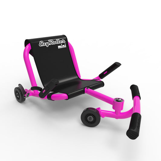 EzyRoller Mini in pink and black with foot pedals and wheels on plain background
