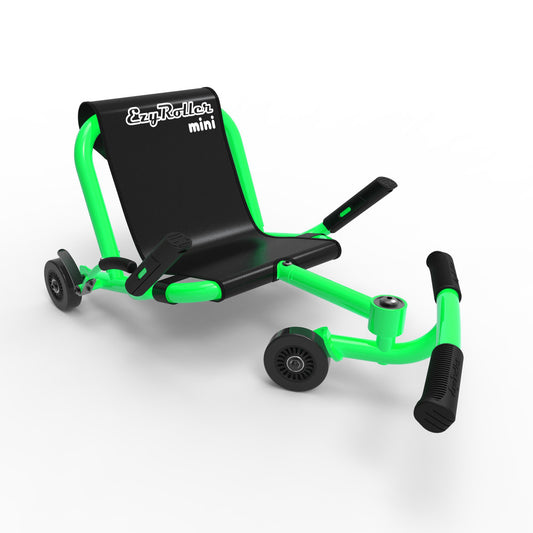 EzyRoller Mini in green and black with three wheels, handlebar grips, and a seat on plain background