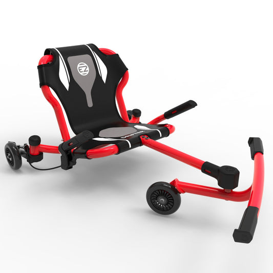 Red and black EzyRoller Drifter X Series ride-on scooter with extended footrest, shown on plain background