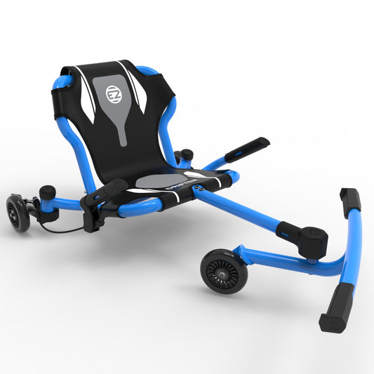 Blue and black EzyRoller Drifter X Series ride-on scooter with seat, handlebars, and three wheels on plain background