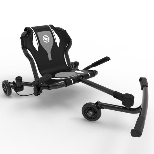 Black and gray EzyRoller Drifter X Series ride-on scooter with three wheels, padded seat, handlebars, and foot platform on plain background