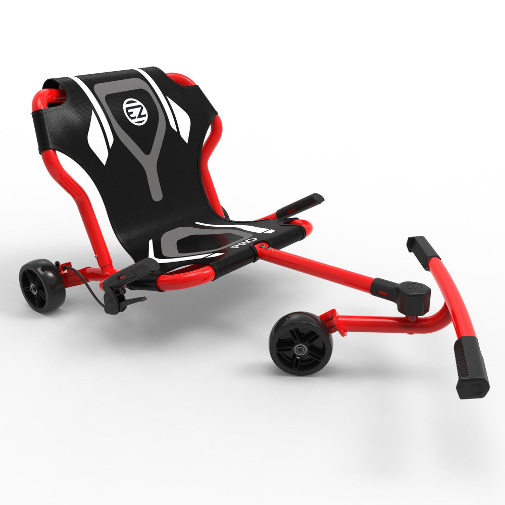 Red and black EzyRoller Pro X ride-on scooter with cushioned seat, extended footrest, and three wheels on plain background