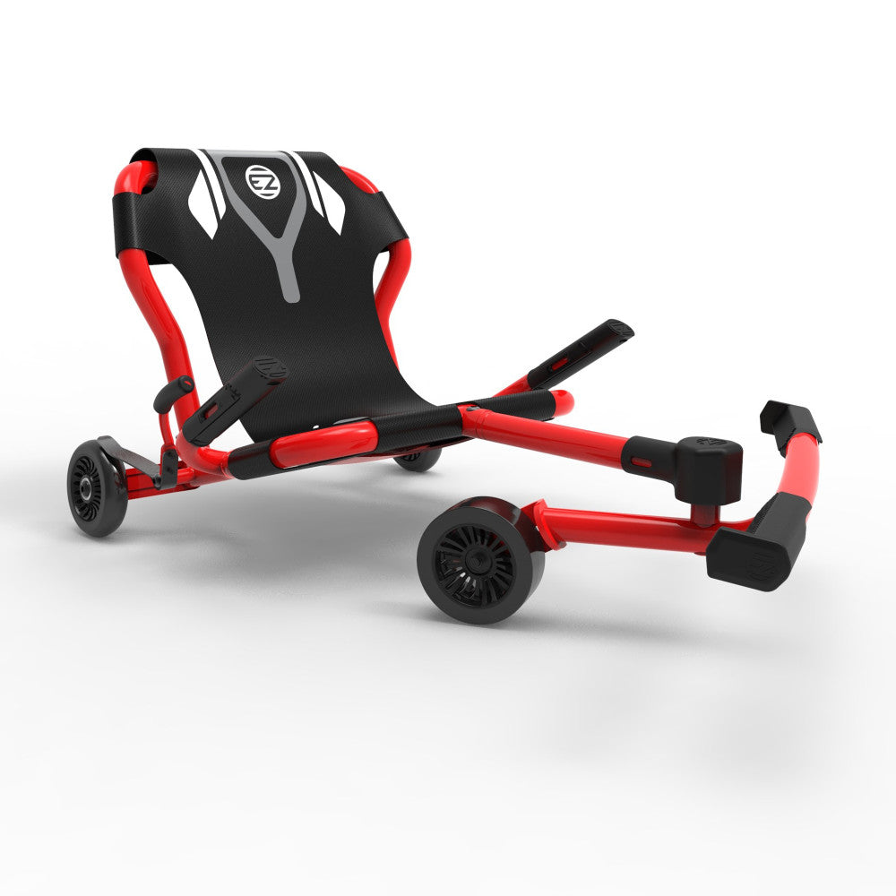 Red and black EzyRoller Classic X Series ride-on scooter with extended footrest platform and dual wheels on plain background