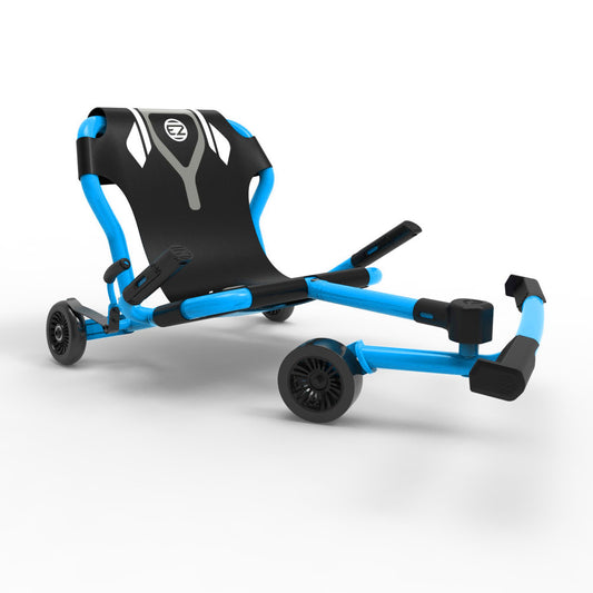 EzyRoller Classic X blue and black ride-on scooter with extended frame, seat, and footrests on plain background