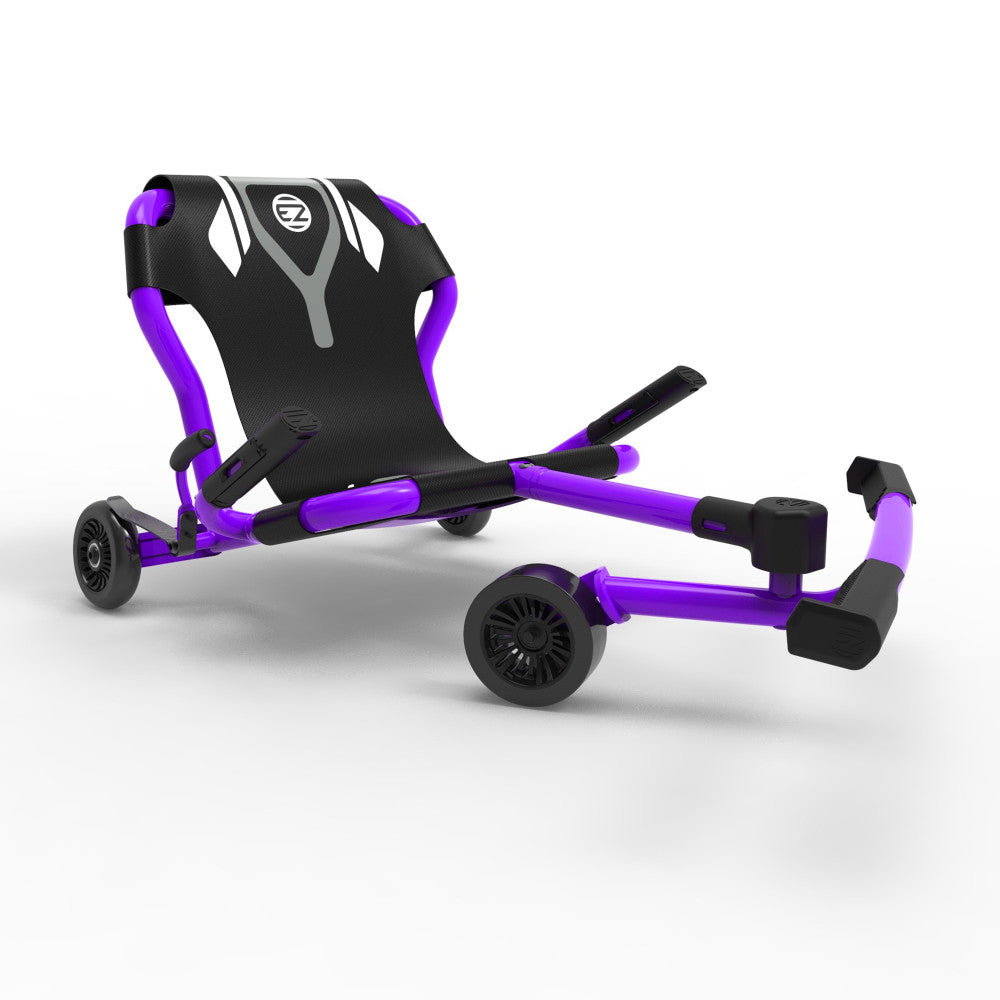 EzyRoller Classic X purple and black ride-on scooter with extendable frame, foot pedals, and black wheels on plain background