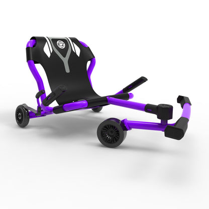 EzyRoller Classic X purple and black ride-on scooter with extendable frame, foot pedals, and black wheels on plain background