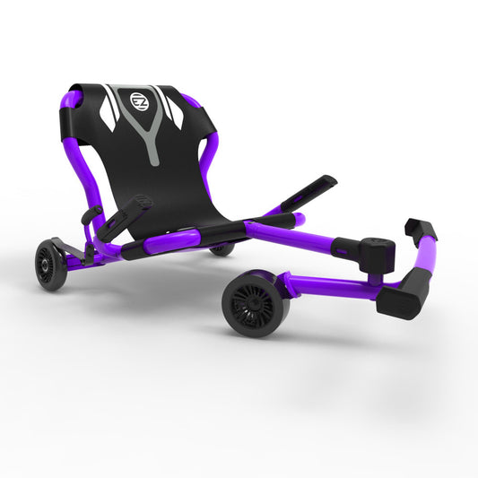 EzyRoller Classic X purple and black ride-on scooter with extendable frame, foot pedals, and black wheels on plain background