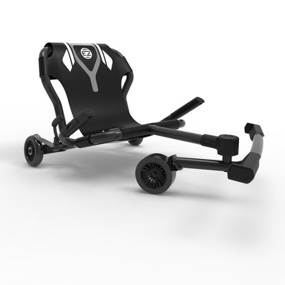 Black EzyRoller Classic X Series ride-on scooter with seat, handlebars, and foot pedals on white background