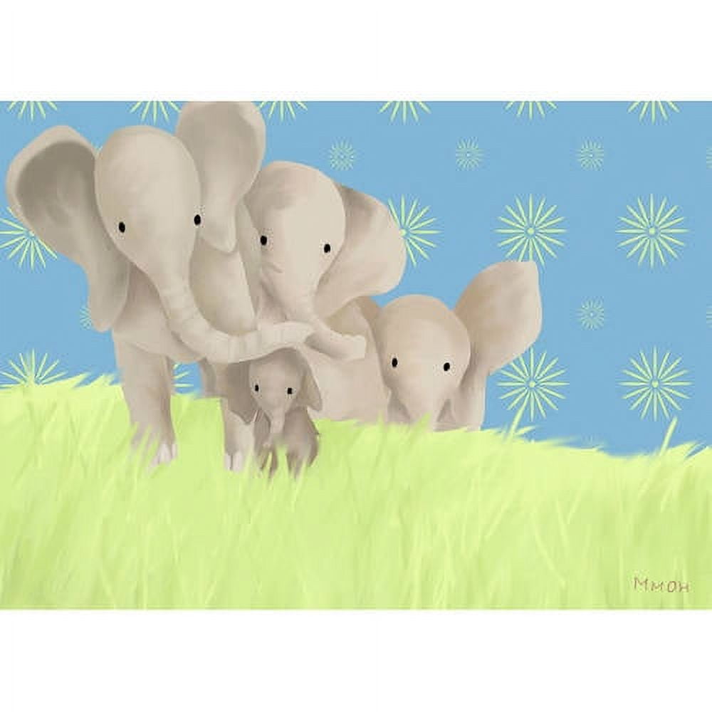 Illustration of three white elephants in a grassy field with blue sky and yellow starburst pattern, canvas wall art