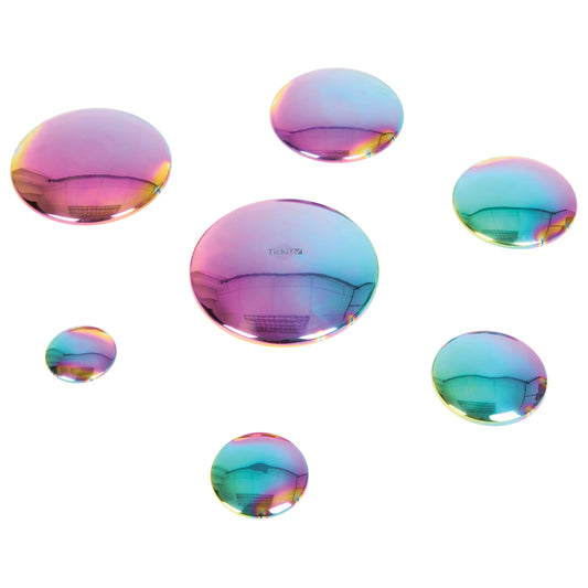 Seven iridescent reflective buttons in various sizes with rainbow gradient coloring, ranging from small to large, displayed on white background