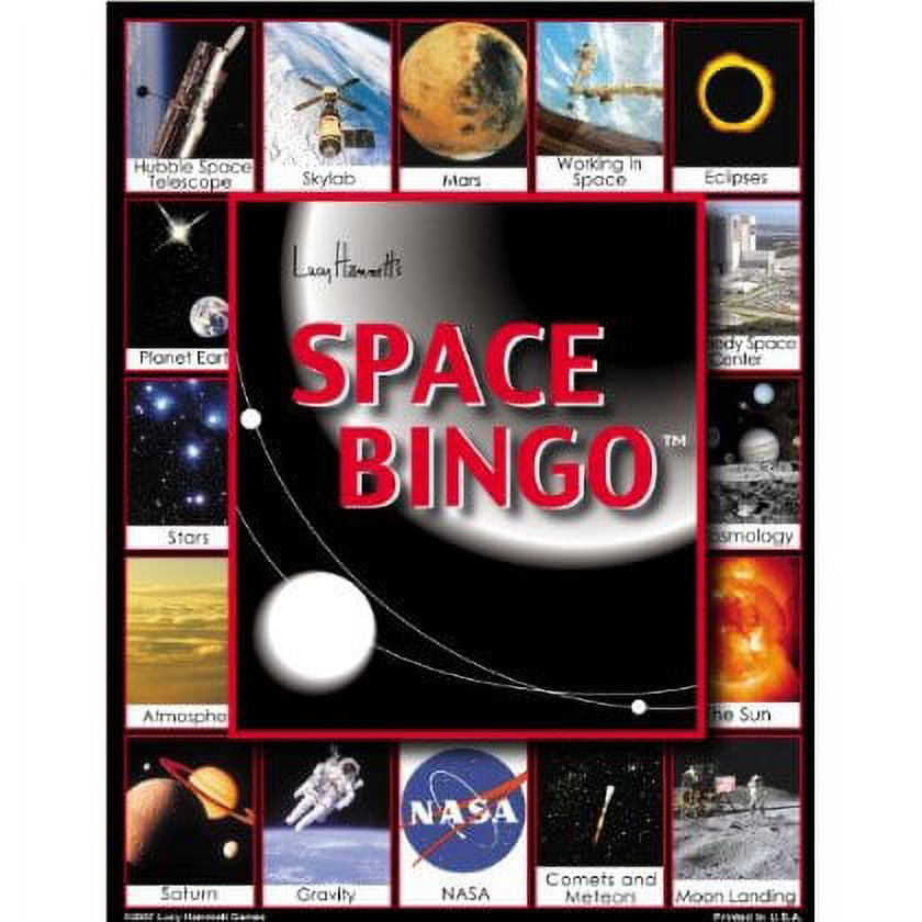 Space Bingo game box featuring grid layout with space-themed images including planets, stars, NASA logo, astronauts, and celestial objects surrounding red "SPAC