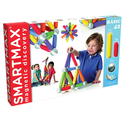 SmartMax magnetic building set with colorful rods and silver balls, modeled by a child constructing geometric shapes on white background