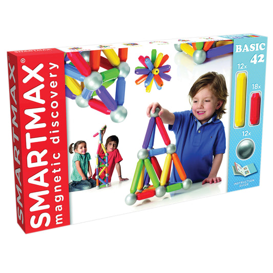 SmartMax magnetic building set with colorful rods and silver balls, modeled by a child constructing geometric shapes on white background