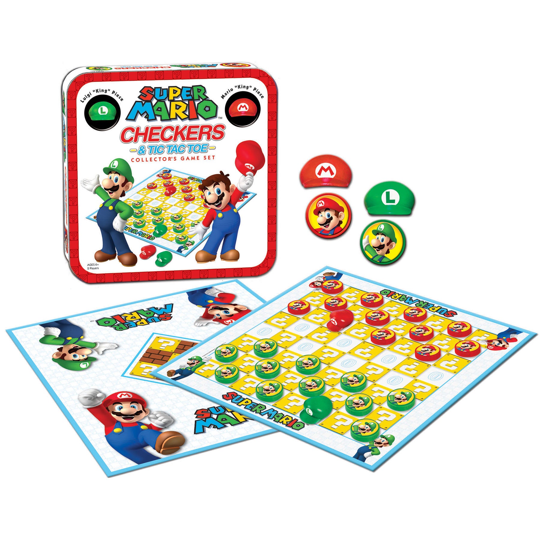 Super Mario Checkers & Tic Tac Toe Collector's Game Set with red tin box, game boards, and red and green character piece caps