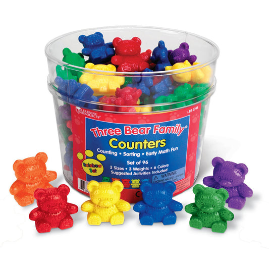 Clear plastic bucket containing 96 colorful bear-shaped counters in red, blue, yellow, green, orange, and purple, in three different sizes, with sample bears di