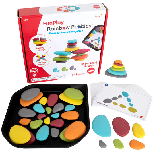 FunPlay Rainbow Pebbles set with colorful smooth stone-shaped pieces in various sizes, black tray, activity cards, and packaging showing stacking and design cha