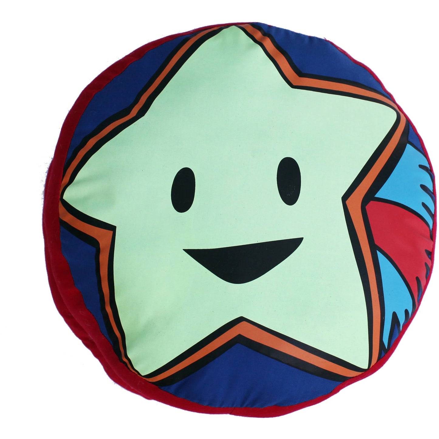 Dream Frenz Shimmer glow-in-the-dark plush star with mint green face, black eyes and smile, orange and black outline, colorful fabric back in red, blue, and mul