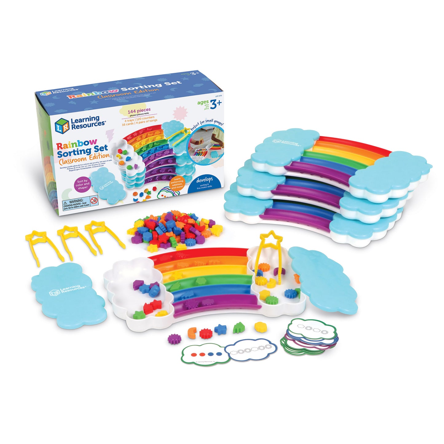 Learning Resources Rainbow Sorting Set Classroom Edition with 144 pieces including cloud-shaped trays, colorful sorting discs, small objects, tweezers, and acti