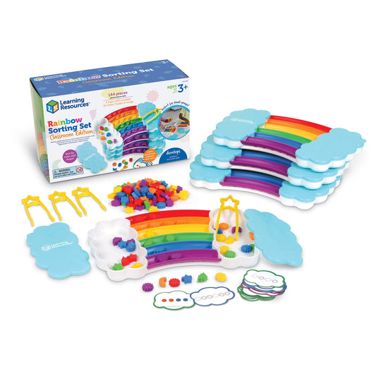 Learning Resources Rainbow Sorting Set Classroom Edition with 144 pieces including cloud-shaped trays, colorful sorting discs, small objects, tweezers, and acti