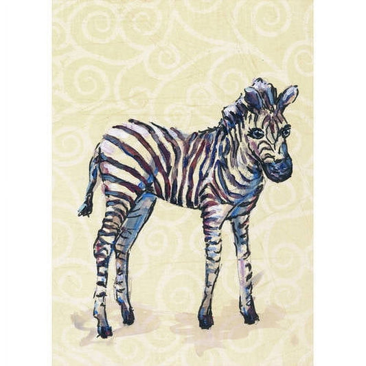 Young zebra foal illustrated in watercolor with blue and purple tones on cream background with spiral pattern