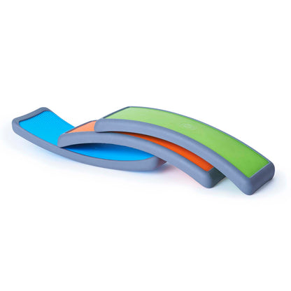 Set of three colorful stacking play arches in blue, orange, and green with gray trim on plain background