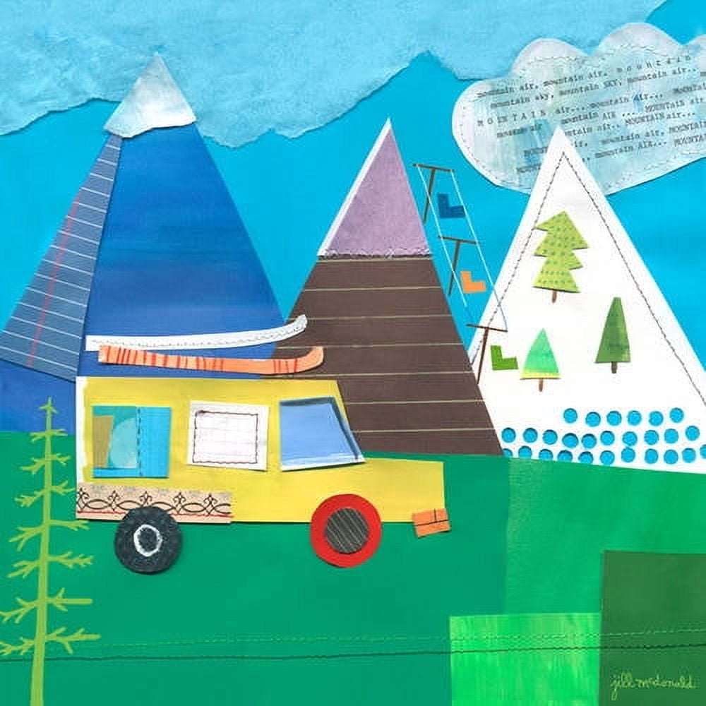 Whimsical illustration of a yellow camper van with trees and mountains, featuring a teepee and cabin in a colorful landscape under blue sky