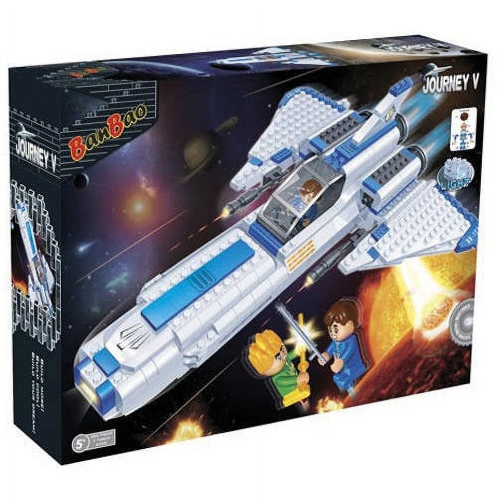 BanBao Space Fighter BB-127 building set with white and blue spacecraft, featuring modeled children and space-themed backdrop on packaging