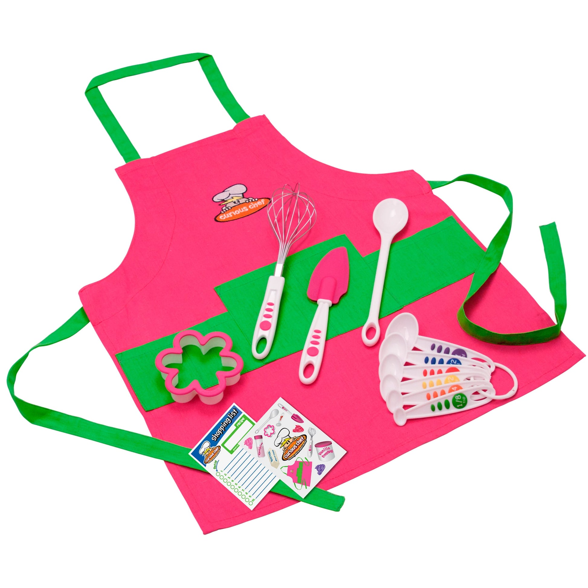 Curious Chef 11-piece girls cooking set in fuchsia pink and green, including apron with green straps, whisk, spatula, spoon, cookie cutter, decorating tools, an