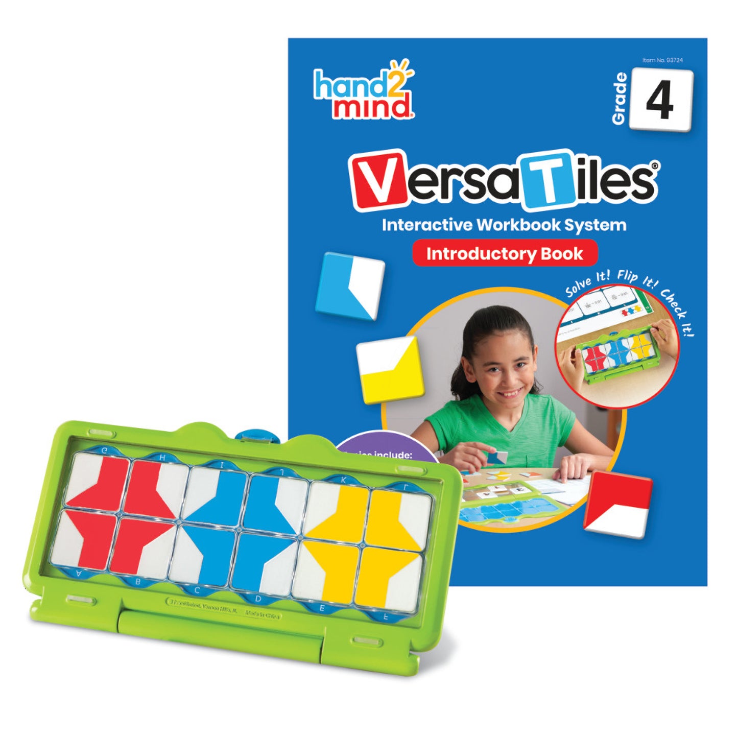 Hand2Mind VersaTiles Grade 4 Introductory Book and green tile puzzle game system with red, blue, and yellow tiles on plain background